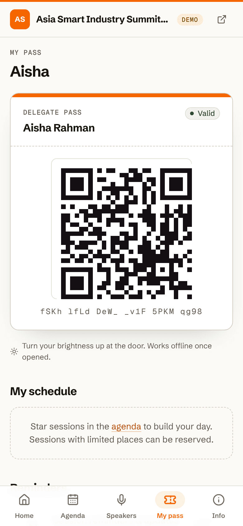 Attendee pass with QR code in the event app
