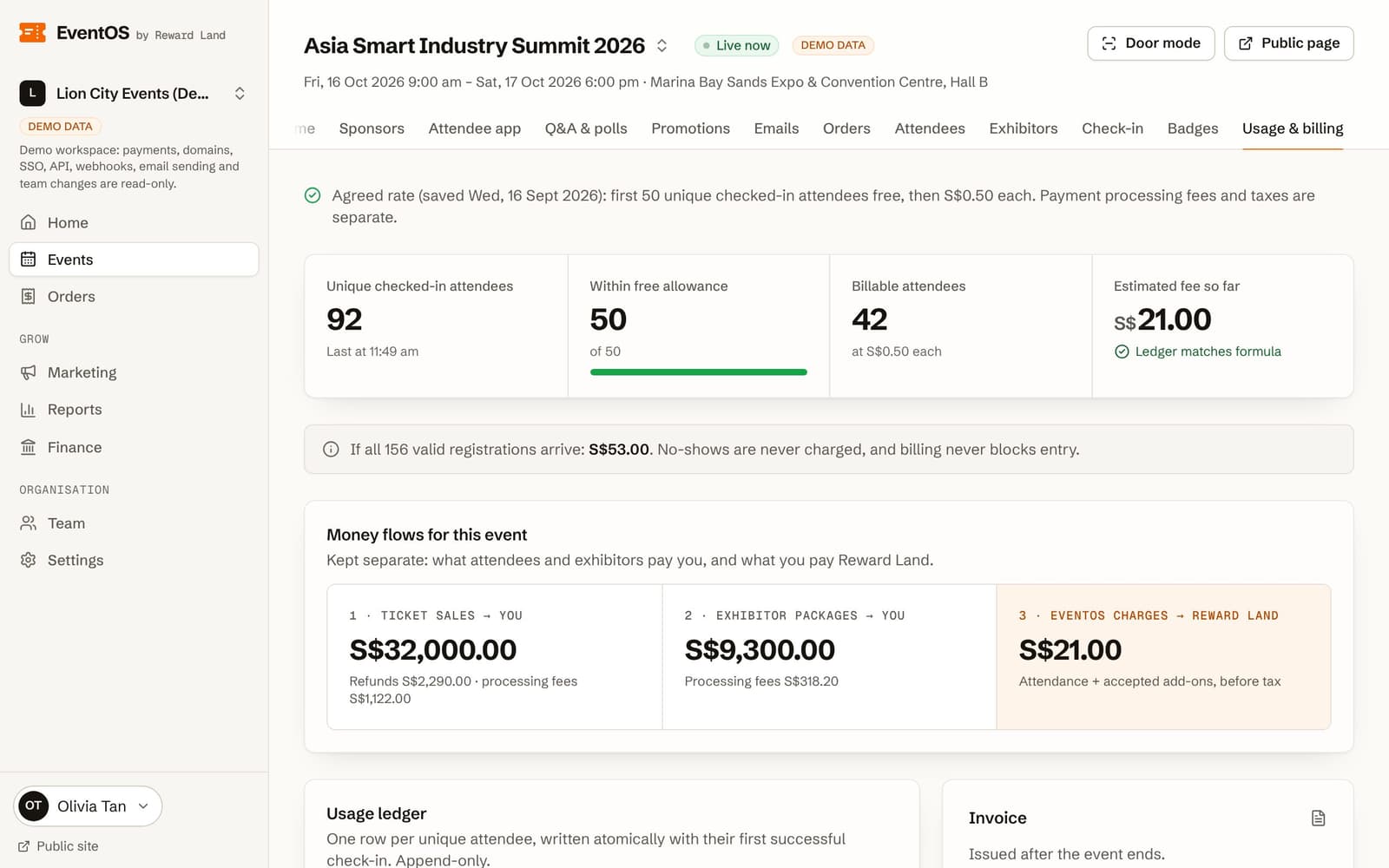 Usage and billing page with the arrival ledger