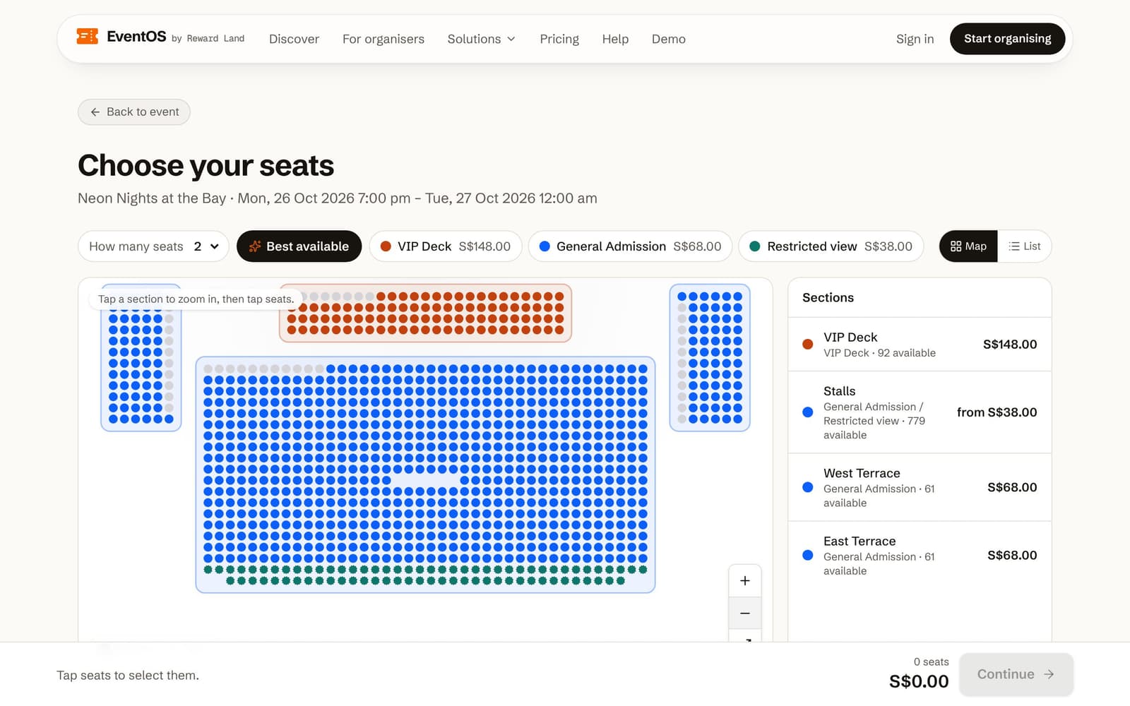Interactive seat map with price levels
