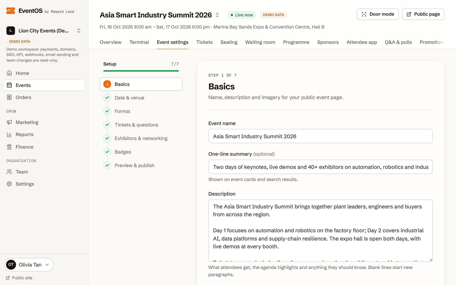 Event setup checklist in the organiser workspace